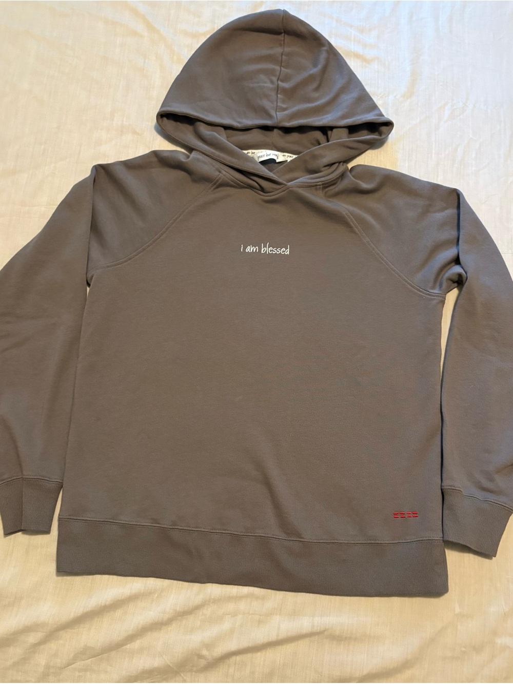 Peace Love World Taupe 'I am blessed' Hooded Pullover